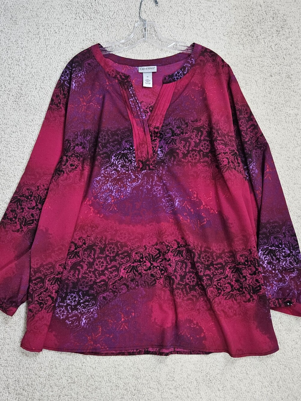 Catherines Blouse Lace Print Womens 3x Pink Purple Long Sleeve V Neck Office
